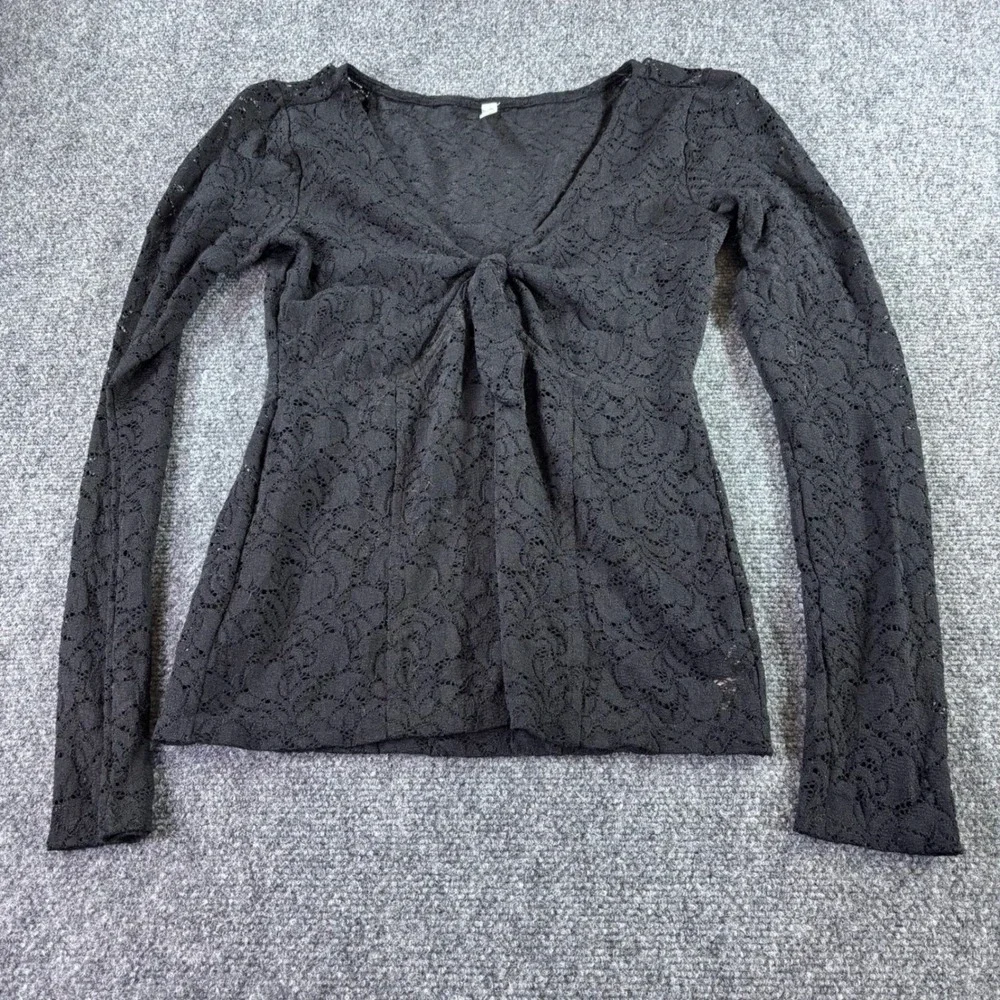 Free People Lace Top Womens S Black Tie Front V-Neck Long Sleeve Floral Boho